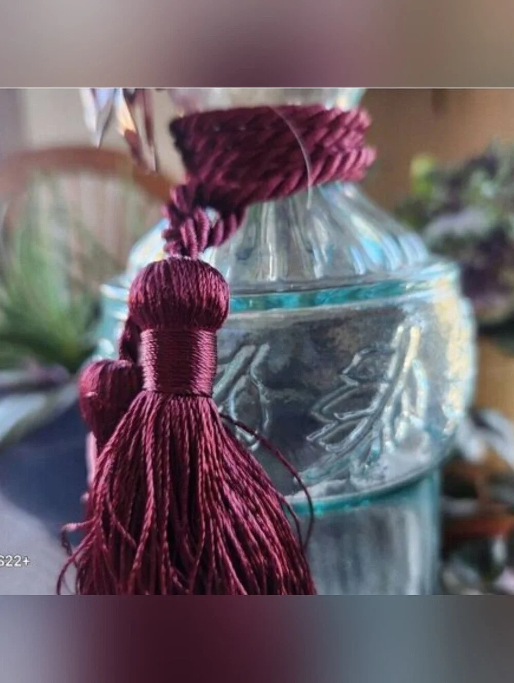 Laugh & Love Decorative Glass Light Jar - Clear w Burgundy Tassel & flower